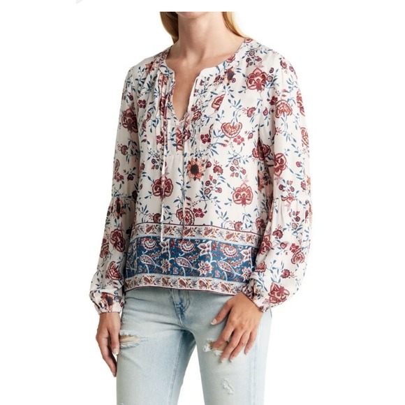 Lucky Brand Tops - Lucky Brand Dark Red  Ivory BOHO Mixed Print Crepe Tie Blouse Top Sz-Lg